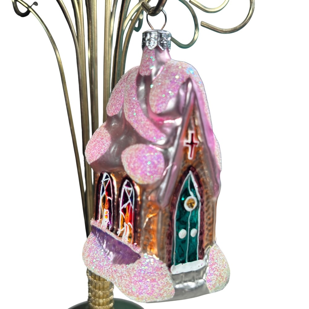 VTG Christopher Radko Ornament Pink Blown Glass‎ Church Cottage Glitter  READ